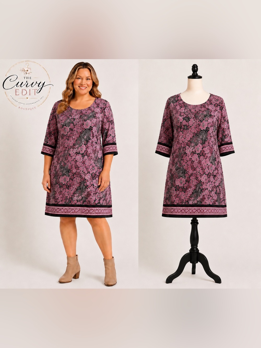 Michael Kors Paisley Print Shift Dress | 2X | Pink & Black Scoop Neck Plus Size